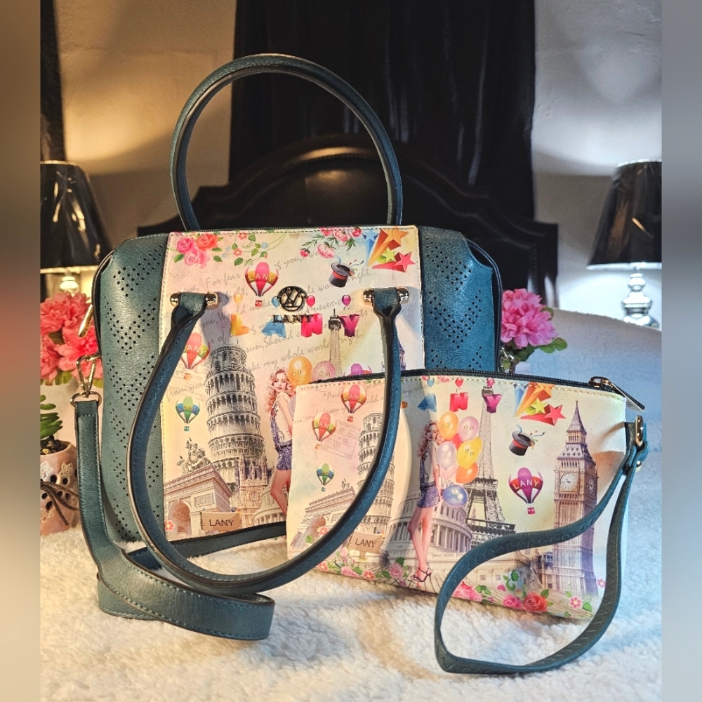 Lany Stylish Women's Bag Set with City Print In Green